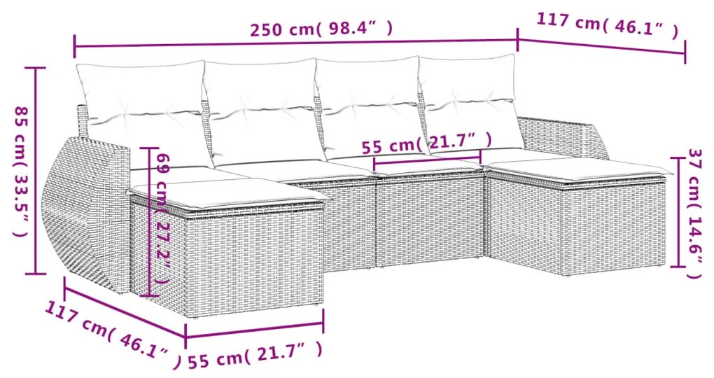 6 pcs conjunto sofás de jardim com almofadões vime cinzento