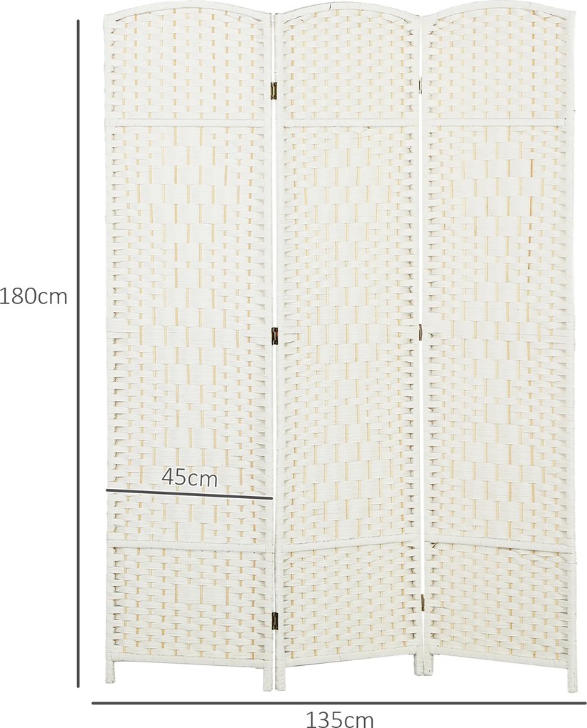 Biombo interior de madeira com 3 painéis 135 x 180 cm, divisória dobrável para sala ou quarto, branco