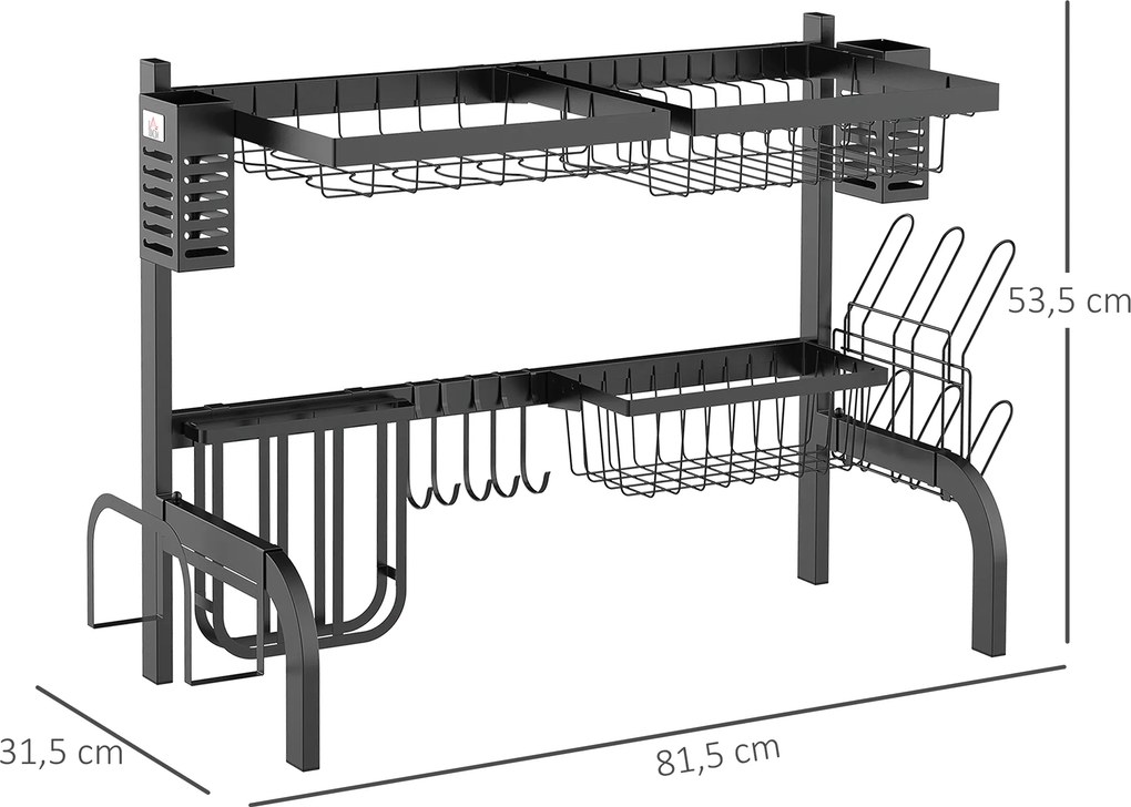 Escorredor de Louça de Aço de 2 Níveis com Suporte para Tábua Suporte para Talheres e 5 Ganchos 65x31,5x52,5cm Preto