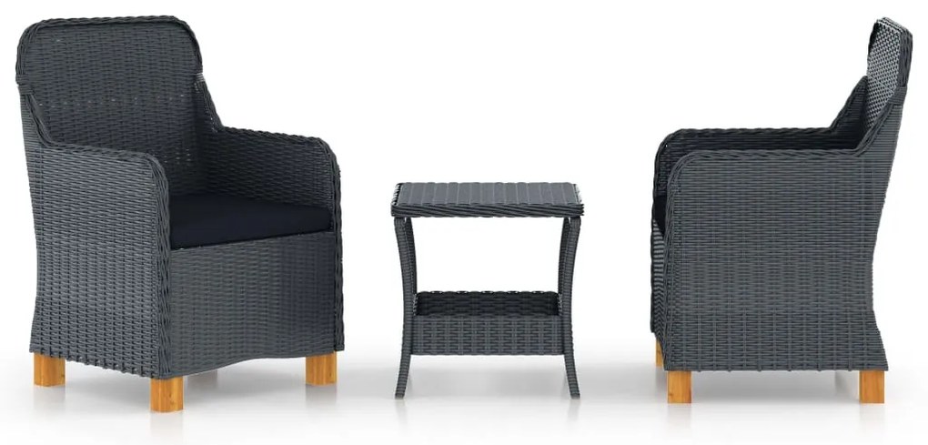 3 pcs conj. lounge jardim c/ almofadões vime PE cinzento-escuro