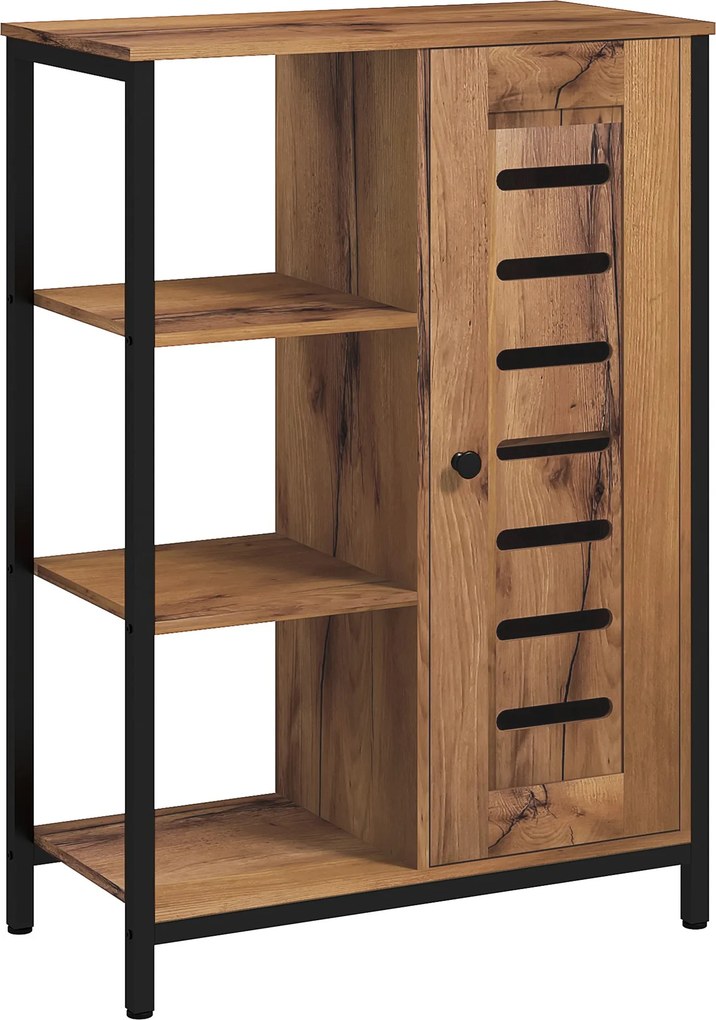 kleankin Móvel Auxiliar Casa de Banho com Porta de Ripas 3 Compartimentos Abertos Prateleira Ajustável 60x30x85 cm Castanho Rústico | Aosom Portugal