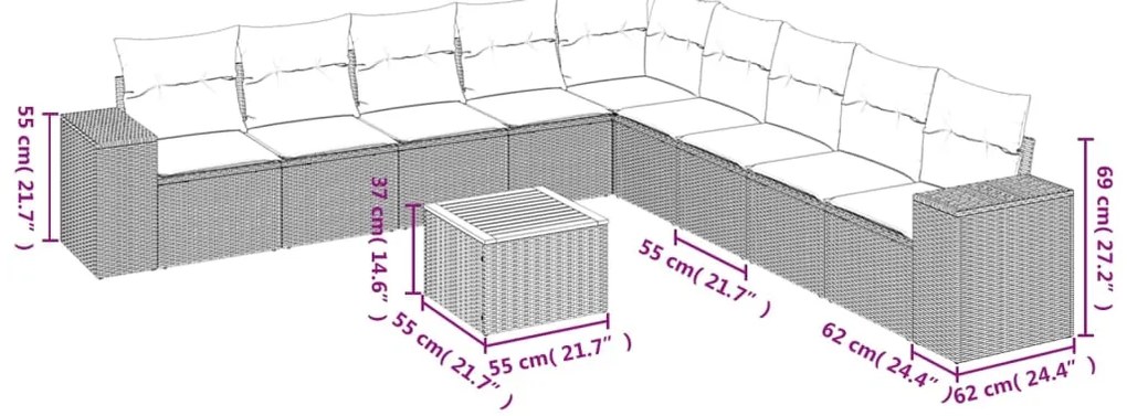 10 pcs conjunto sofás de jardim c/ almofadões vime PE preto