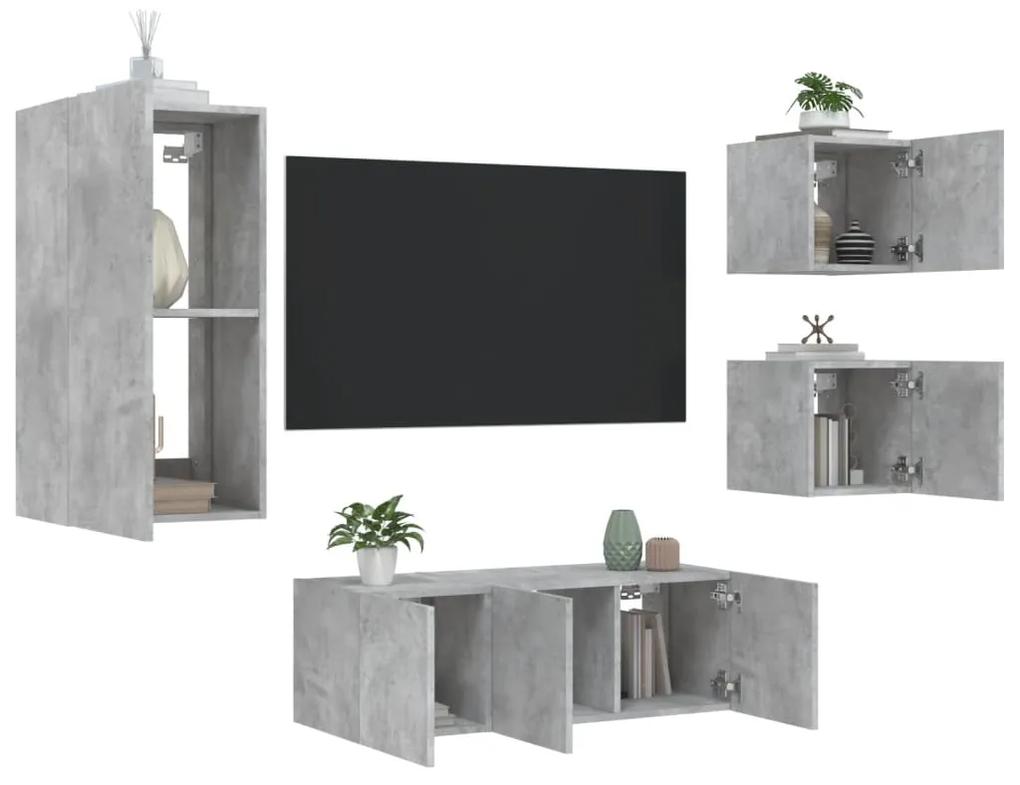 5 pcs móveis parede p/ TV c/ LEDs deriv. madeira cinza cimento
