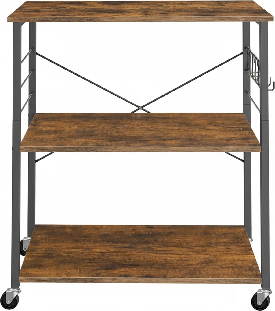 Carrinho de cozinha 40 x 80 x 89 cm com 3 prateleiras com rodas, castanho vintage-preto