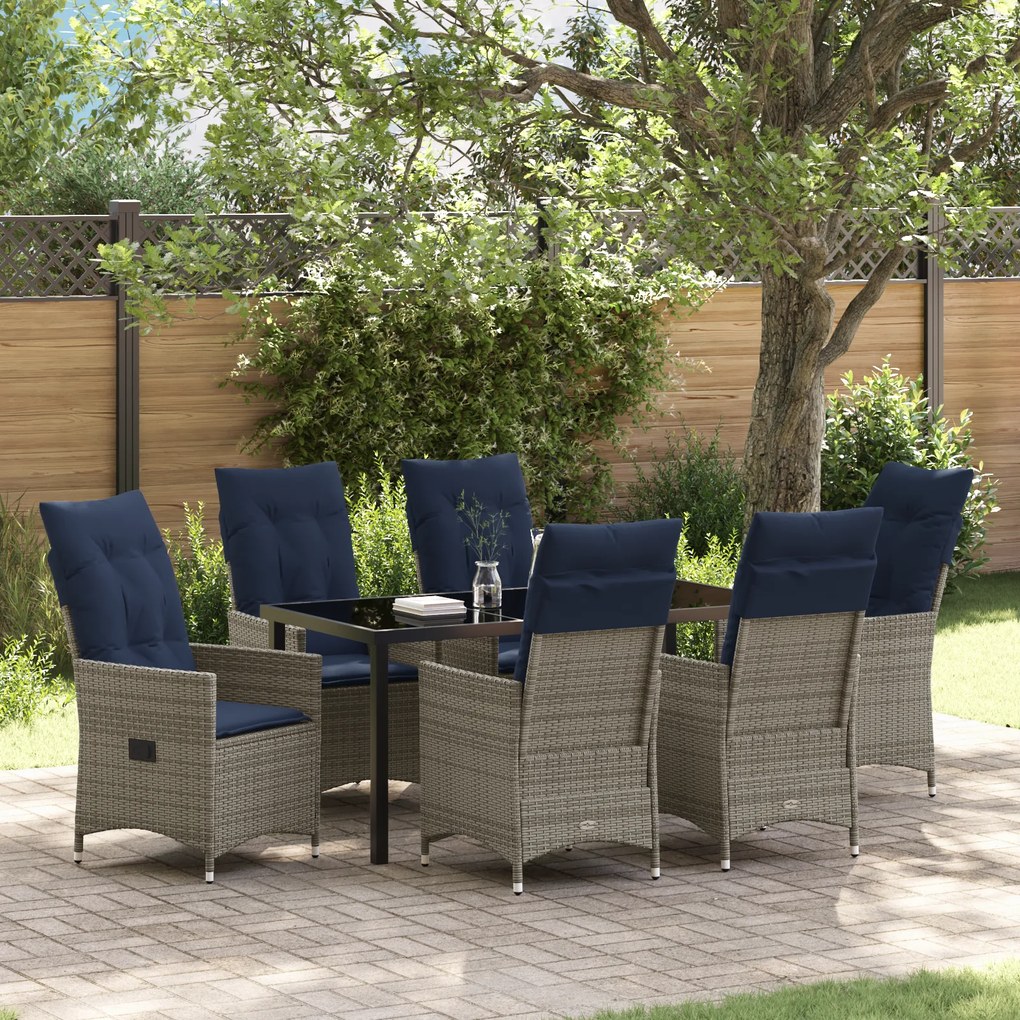 vidaXL Conjunto de Jantar de Jardim com 7 Peças e Almofadas em Rattan de Polietileno Cinza