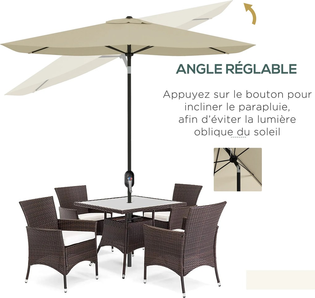 Guarda-sol retangular inclinável de 2 x 3 m com manivela, lona de poliéster impermeável de alta densidade (180 g/m²), cor creme