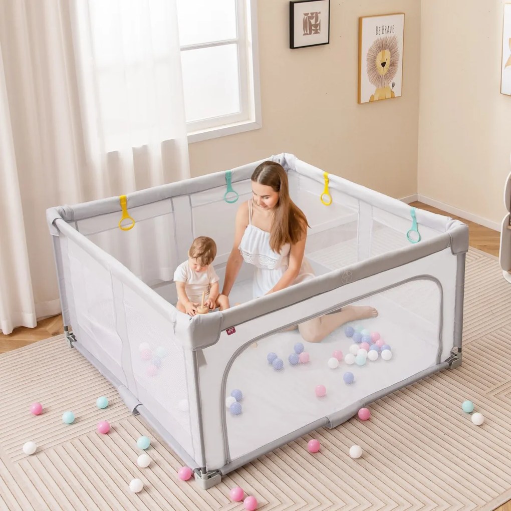 Parque infantil para bebés com 50 bolas oceânicas e 4 pegas com porta para 0-3 anos. 127 x 127 x 72,5 cm Cinzento