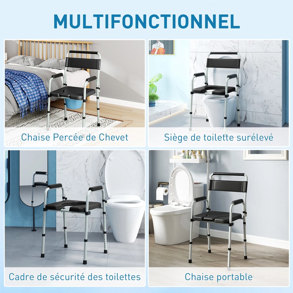 Cadeira sanitária dobrável, antiderrapante e com altura ajustável, assento e braços almofadados, capacidade de 150 kg, preta