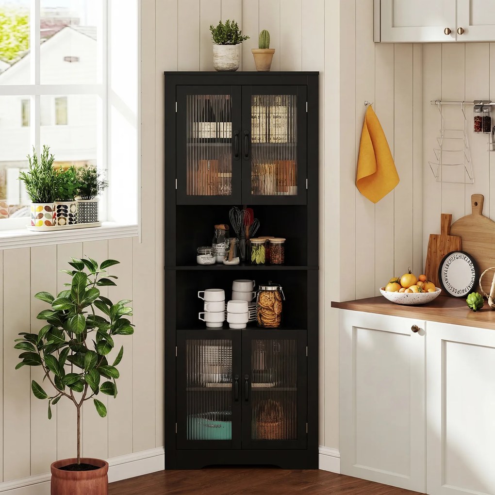 Armário de canto alto casa de banho, cozinha com 6 níveis 66 x 35 x 171 cm, portas de vidro e prateleiras ajustáveis em 3 posições, para cozinha tipo