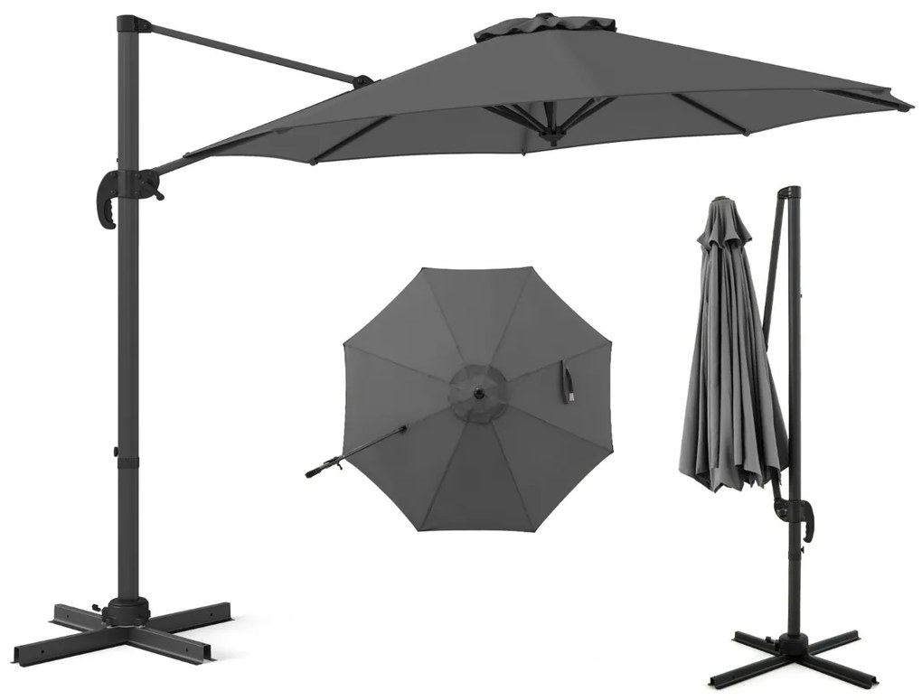 Guarda-sol redondo jardim 294 x 247 cm Guarda-sol suspenso com rotação de 360° Base cruzada 5 inclinações ajustáveis Cinzento