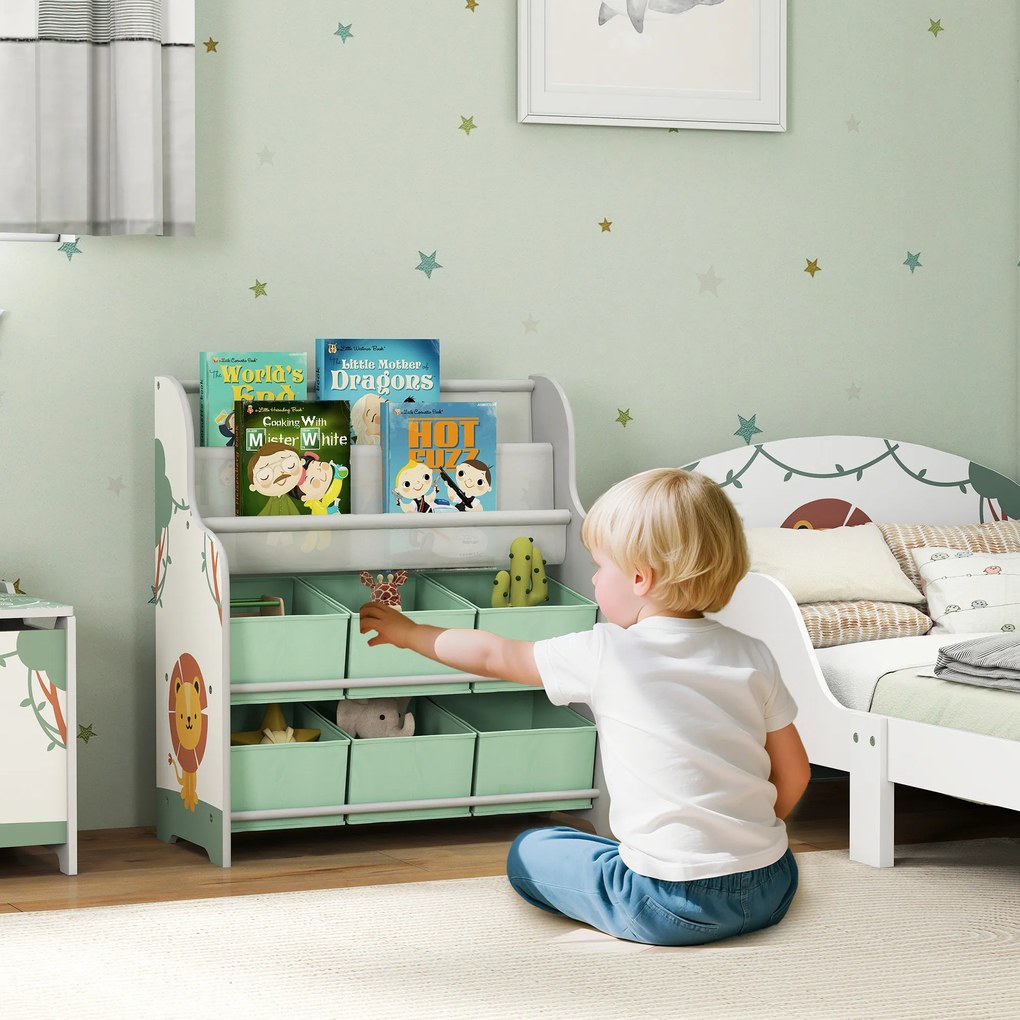 Estante Infantil para Brinquedos com 6 Caixas de Tecido Não Tecido Organizador de Brinquedos com 2 Prateleiras 63x30x71 cm Verde