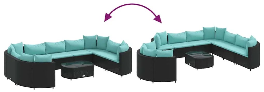 10 pcs conjunto sofás de jardim c/ almofadões vime PE preto