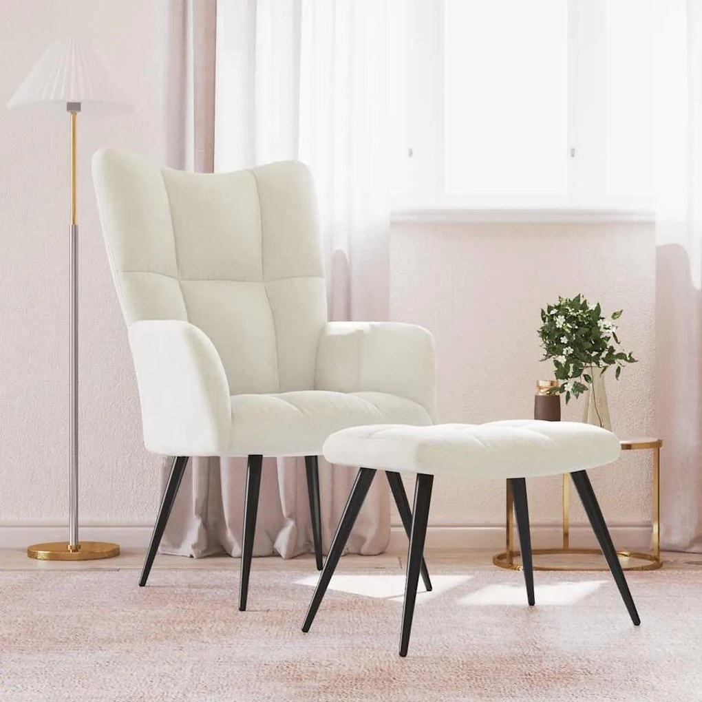 vidaXL Cadeira de descanso com banco veludo branco nata
