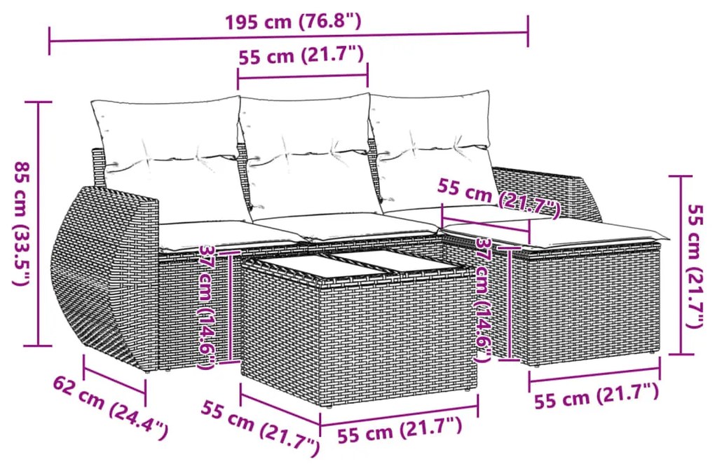 5 pcs conj. sofás jardim c/ almofadões vime PE cinzento-claro