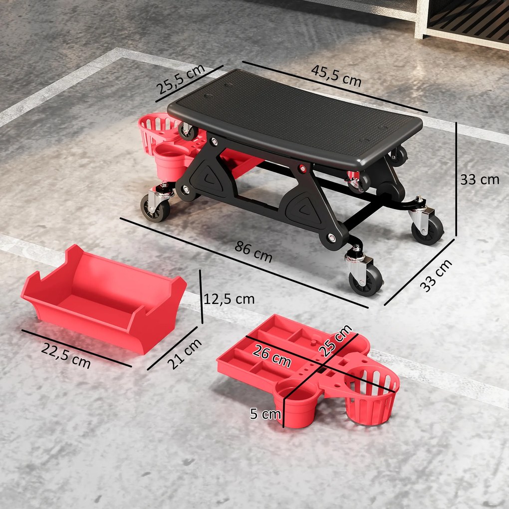 Banco de oficina móvel com capacidade para 135 kg, banco de mecânico com rodas e rotação de 360°, com prateleiras, 86 x 33 x 33 cm, vermelho