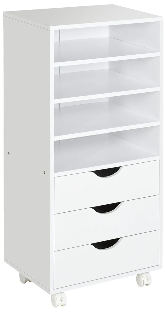 Vinsetto Móveis auxiliares para escritório Estudo Grande espaço de armazenamento com 3 gavetas 4 prateleiras abertas 4 rodas 40x30x83 cm Branco