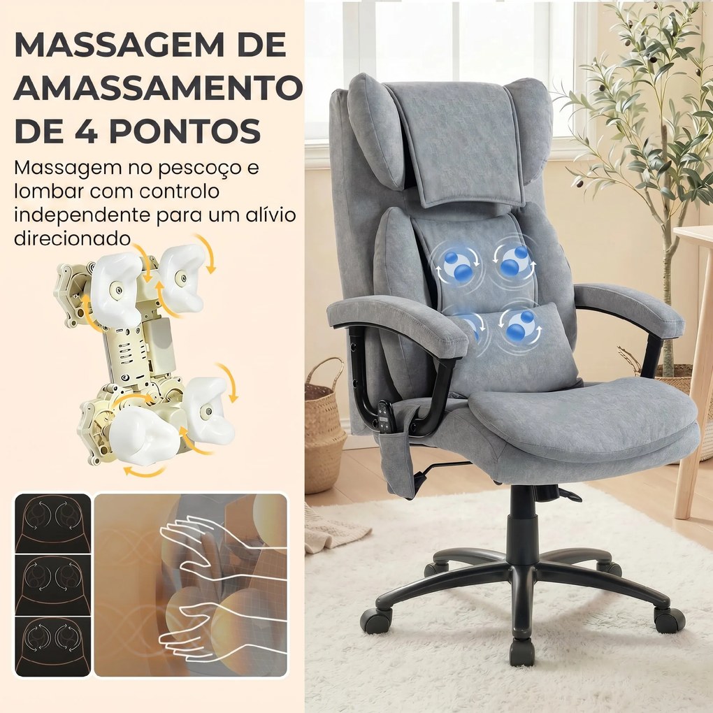 Cadeira de Escritório com Massagem de Amassamento em 4 Pontos Encosto Alto Altura Ajustável Assento Amplo Almofada Lombar Cinzento