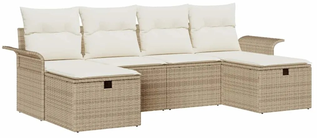 Conjunto de Sofá de Jardim de 6 Peças com Almofadas Bege Rattan Poliés