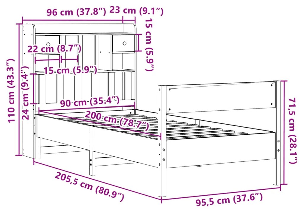 Cama com estante sem colchão 90x200cm pinho maciço castanho-mel