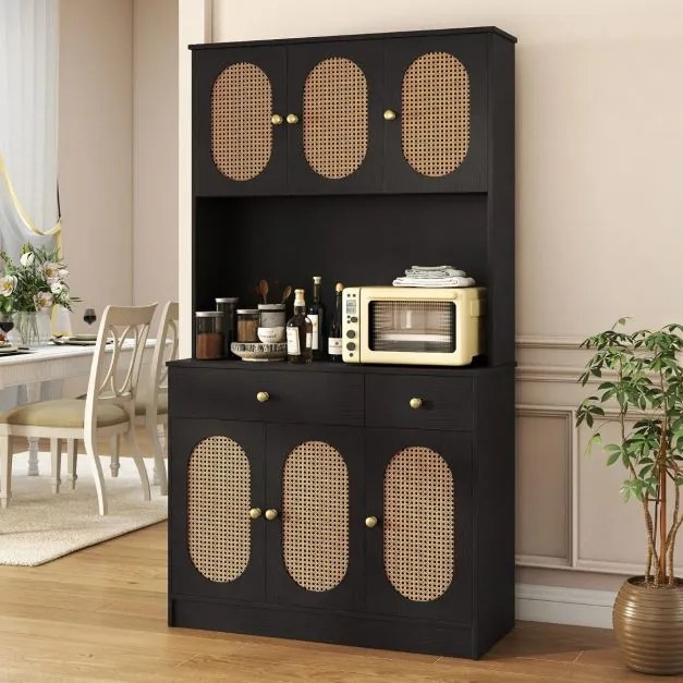 Armário Despensa Cozinha 100 x 40 x 180 cm com Estação de Carregamento 6 Portas de Rattan 2 Gavetas 4 Prateleiras Ajustáveis Móvel Boho Preto