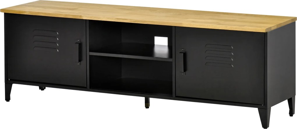 Móvel de TV 150 x 40 x 50 cm para televisores de 55'' com 2 armários, pés ajustáveis, preto e tampo em cor natural