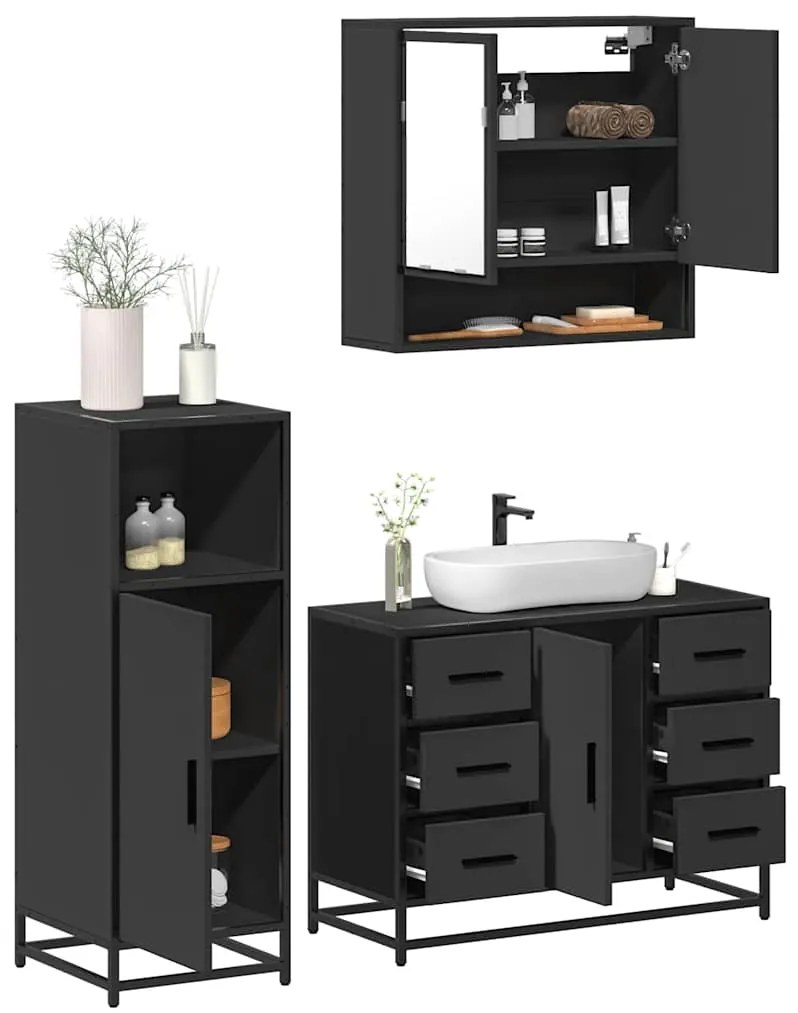 vidaXL 3 pcs conjunto móveis casa de banho derivados de madeira preto