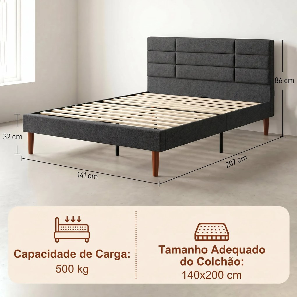 Cama Estofada 140x200 cm (COLCHÃO NÃO INCLUIDO) com Cabeceira Almofadada, Estrado de Ripas e Espaço Livre Inferior, Cinzento