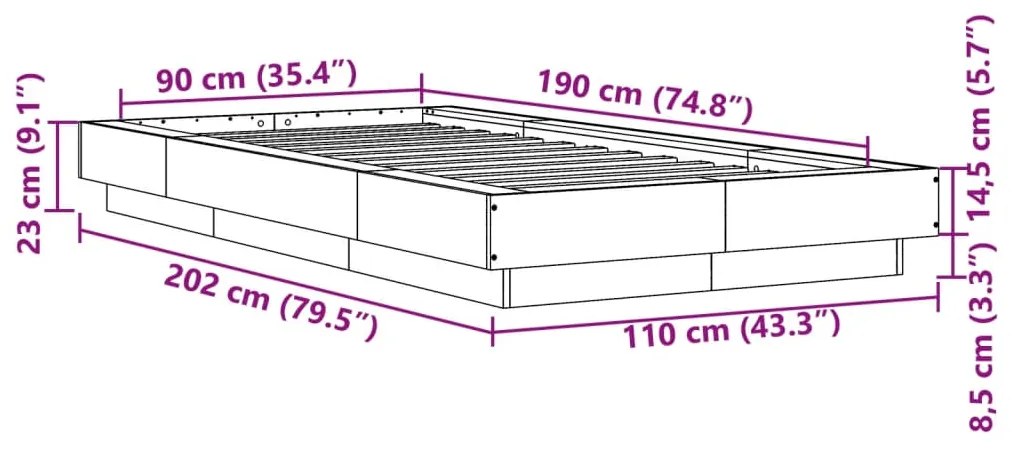 Estrutura de cama 90x190 cm derivados de madeira cinza cimento