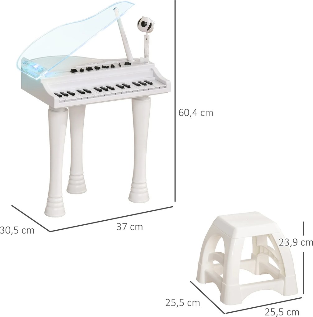 Piano Eletrónico para Crianças com 32 Teclas Microfone Luzes 22 Músicas 4 Tons e Volume Ajustável 37x30,5x60,4 cm Branco