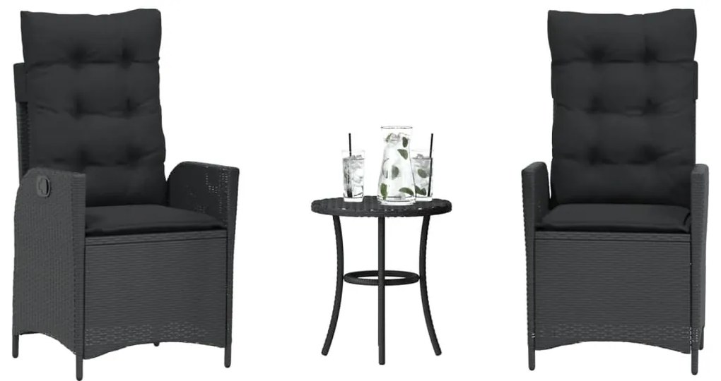 vidaXL 3 pcs conjunto de bistrô com almofadões vime PE preto