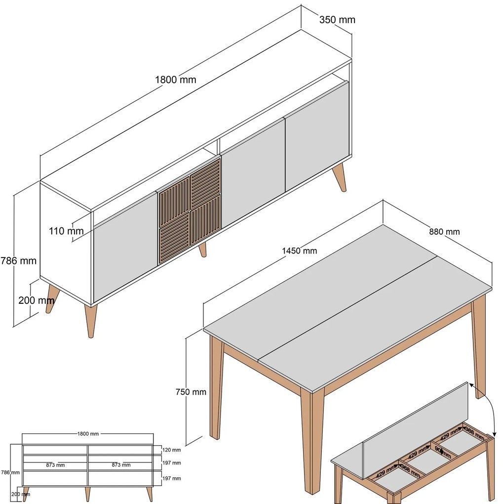 Conjunto de Mobiliário de Sala Milan500 – Branco – Aparador 180x78,6x3