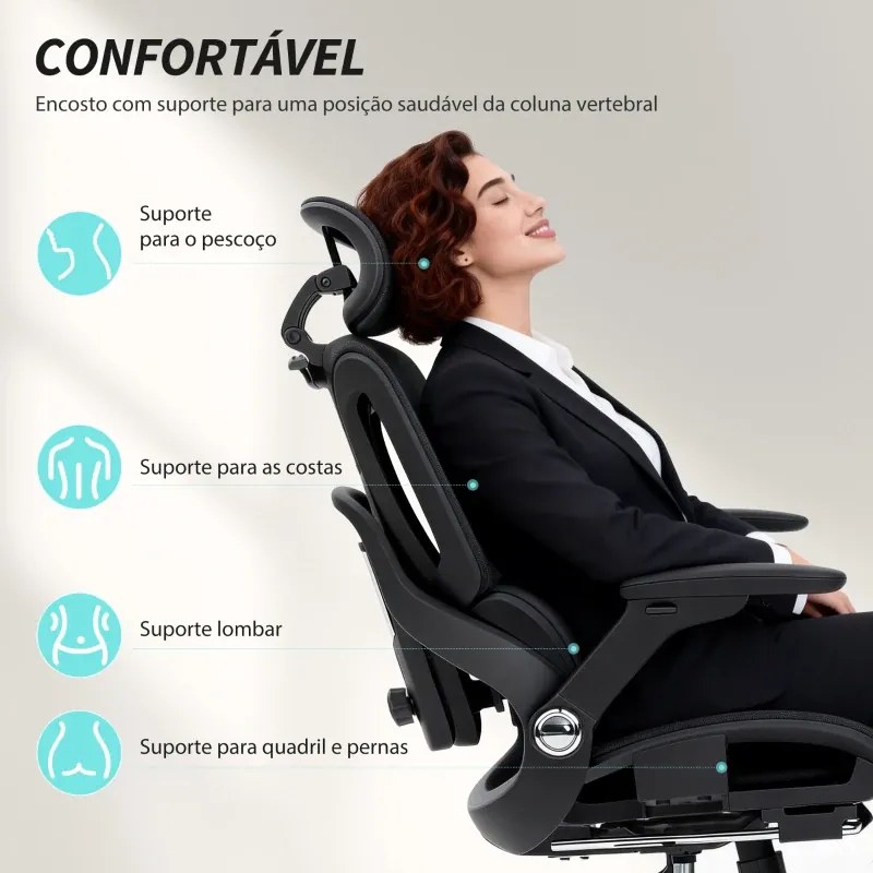 Cadeira de Escritório com Encosto Reclinável e Alto Suporte Lombar Transpirável Apoios de Braço 4D e Encosto de Cabeça Ajustável 67x74x113-132 cm Pret