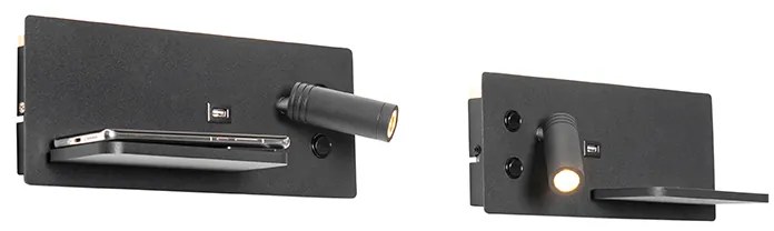 Conjunto de 2 candeeiros de parede pretos com LED, USB e carregador por indução - Riza