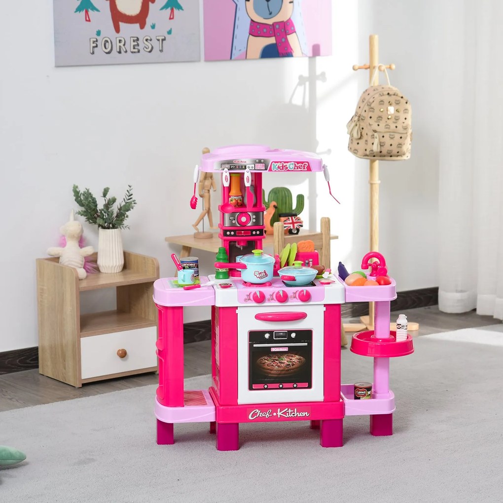 HOMCOM Conjunto de brinquedos de cozinha para crianças acima de 3 anos educacional com 38 acessórios incluídos 78x29x87 cm rosa