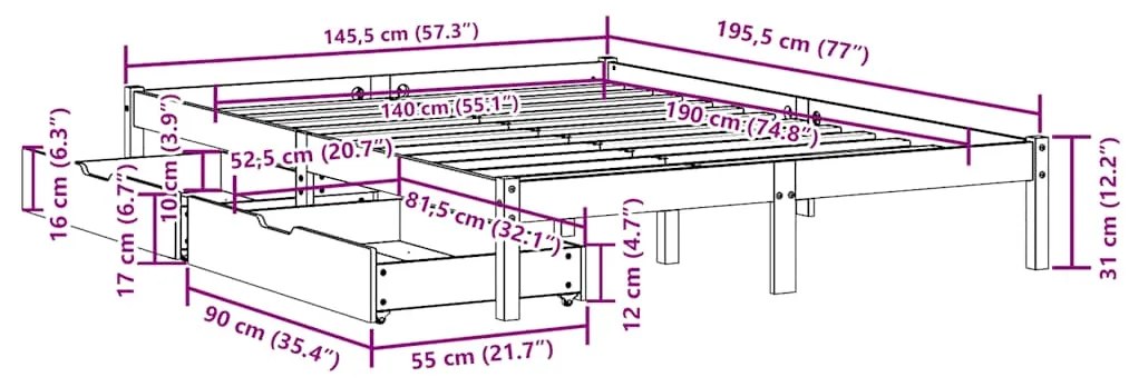 Cama sem colchão 140x190 cm madeira de pinho maciça branco