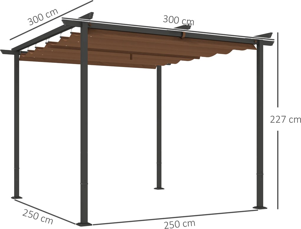 Pérgula de jardim para exterior 3x3 m com cobertura deslizante e retrátil em poliéster de alta densidade 180 g/m², abrigo solar UPF30+, castanho