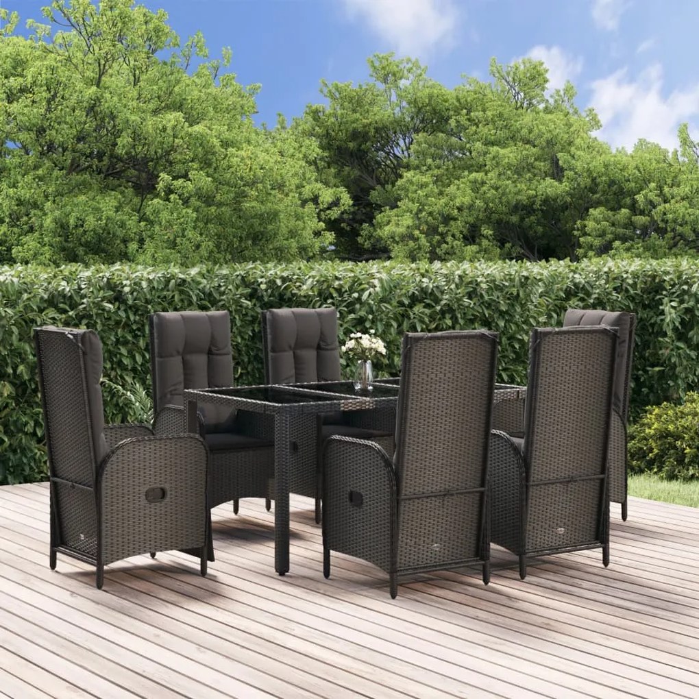 vidaXL 7 pcs conjunto de jantar p/ jardim c/ almofadões vime PE preto