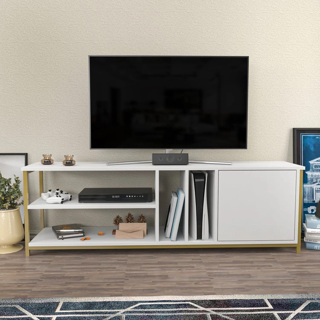 Móvel TV Oneida – Dourado e Branco – 140x35,3x50,8 cm