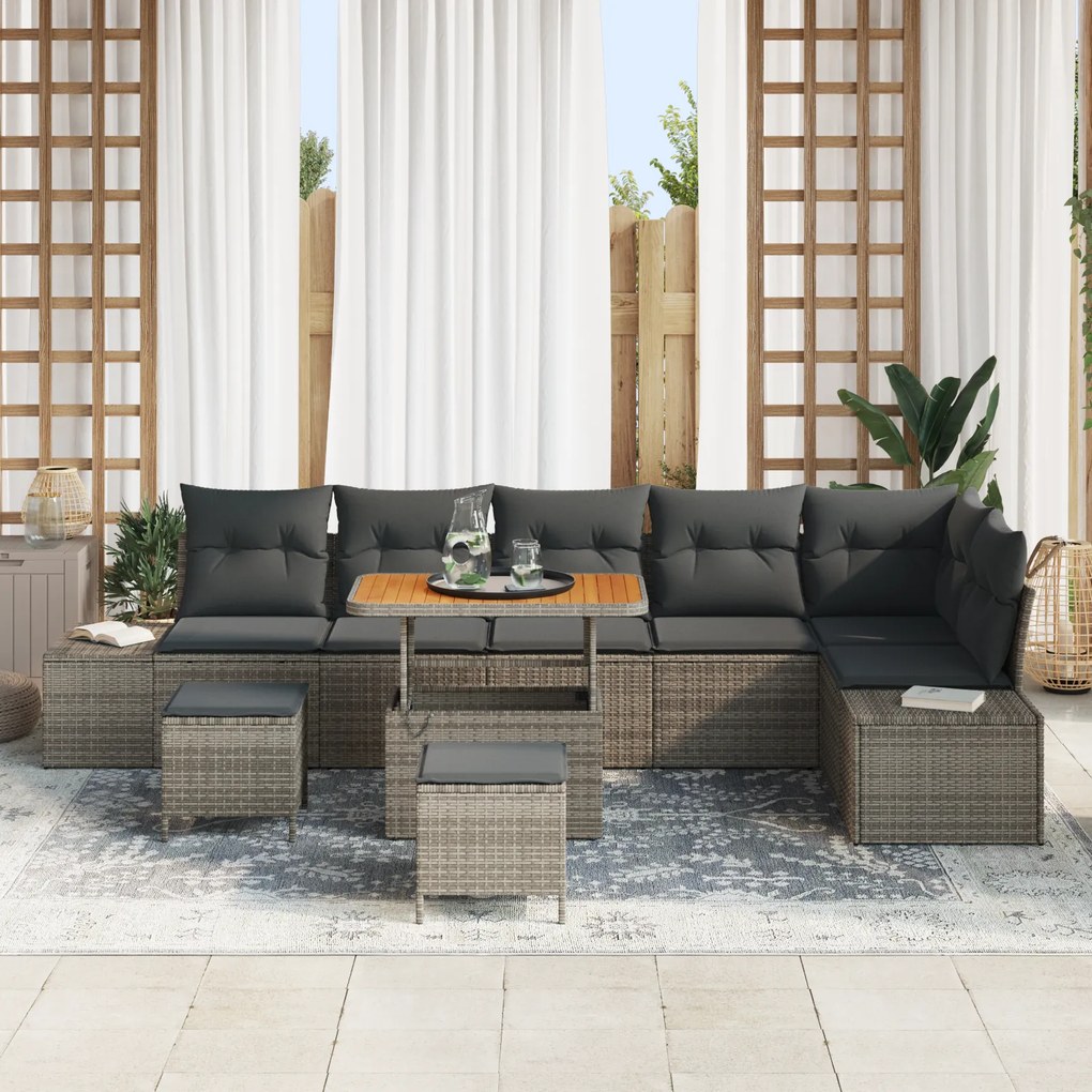Conjunto de Sofá de Jardim vidaXL 9 Peças com Almofadas Cinza Rattan S