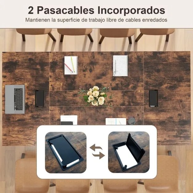 Mesa de reunião 240 x 120 cm retangular para 10 pessoas Secretária com 2 passas-cabos Escritório Sala de reuniões Castanho e preto
