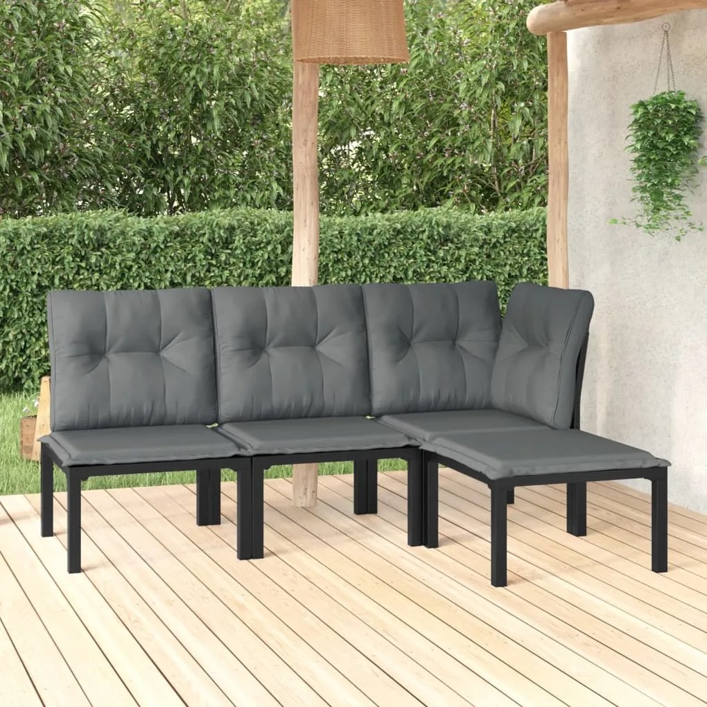 4 pcs conjunto lounge de jardim vime PE preto e cinzento