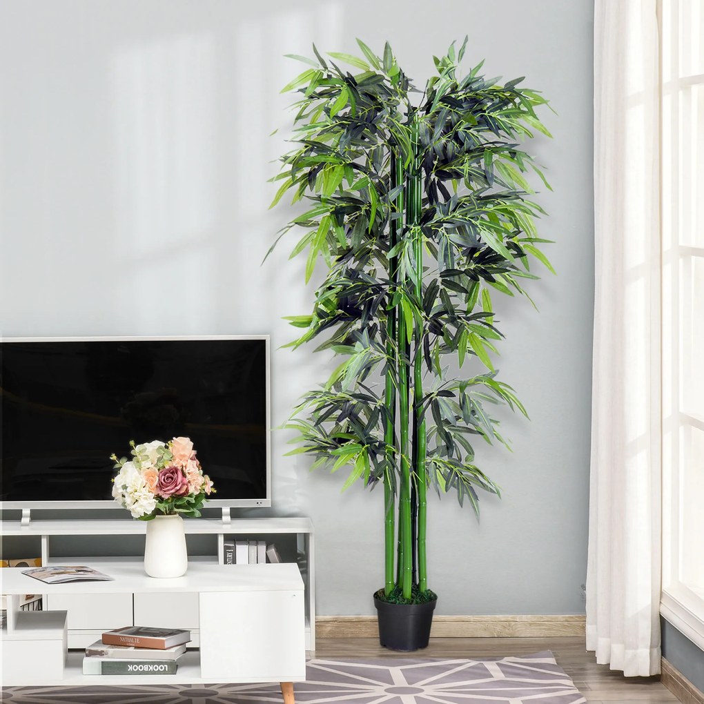 Bambu artificial XXL, 1,80 m de altura, árvore artificial, folhas densas e realistas, vaso incluído, preto e verde