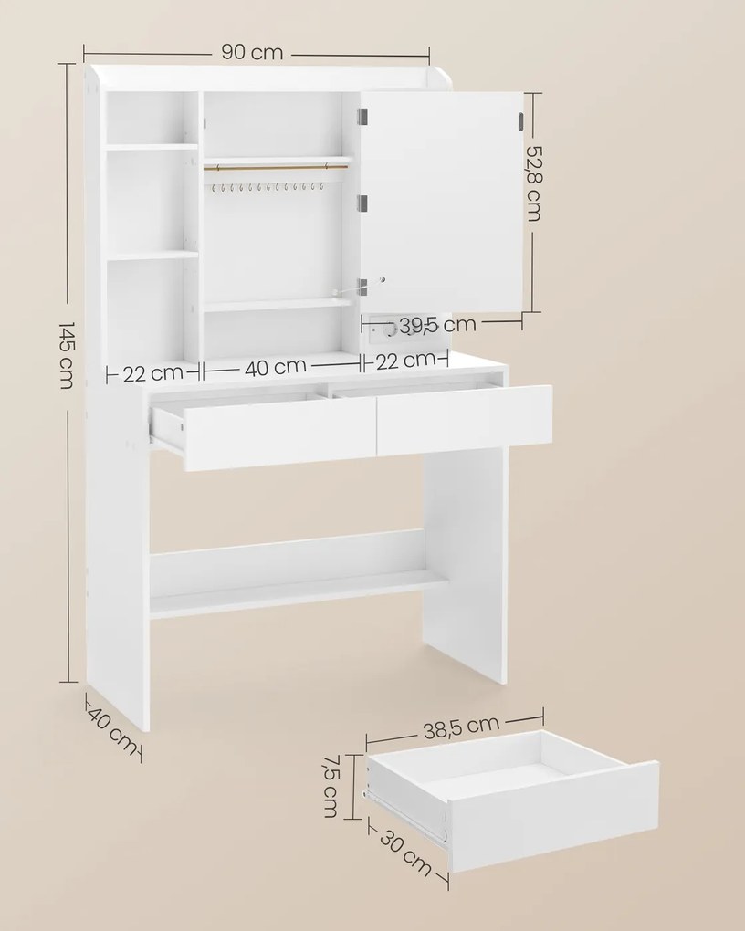 Toucador com espelho LED (BANCO NÃO INCLUIDO) regulável, 2 gavetas 40 x 90 x 145 cm Coleção Kailyn, branca