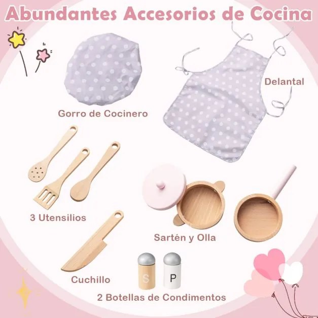 Conjunto de cozinha de brincar para crianças em madeira com luzes, sons, fogão, lava-loiça, forno e acessórios Cozinha para crianças Rosa