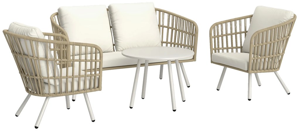 Outsunny Conjunto de Jardim em Vime Sintético de 4 Peças com Sofá de 2 Lugares 2 Poltronas 1 Mesa de Centro Creme e Madeira