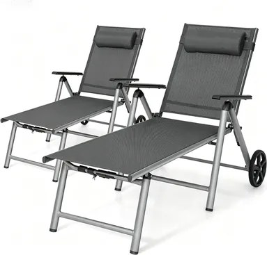 Conjunto de 2 Espreguiçadeiras de Exterior, 175 x 75 cm, Encosto Ajustável em 7 Níveis, Cinzento