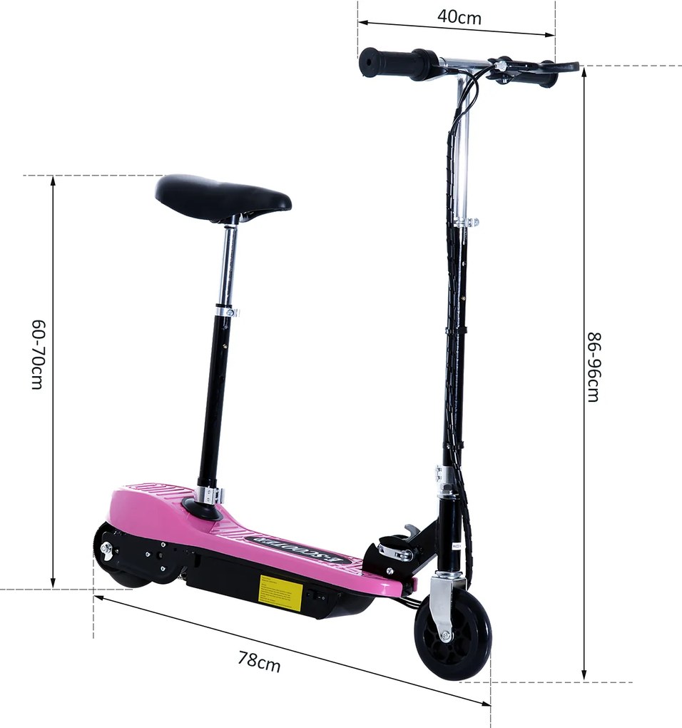 Trotinete Elétrica Infantil Dobrável com Guiador e Assento Ajustável - Cor-de-Rosa- 76 x 13 x 96 cm