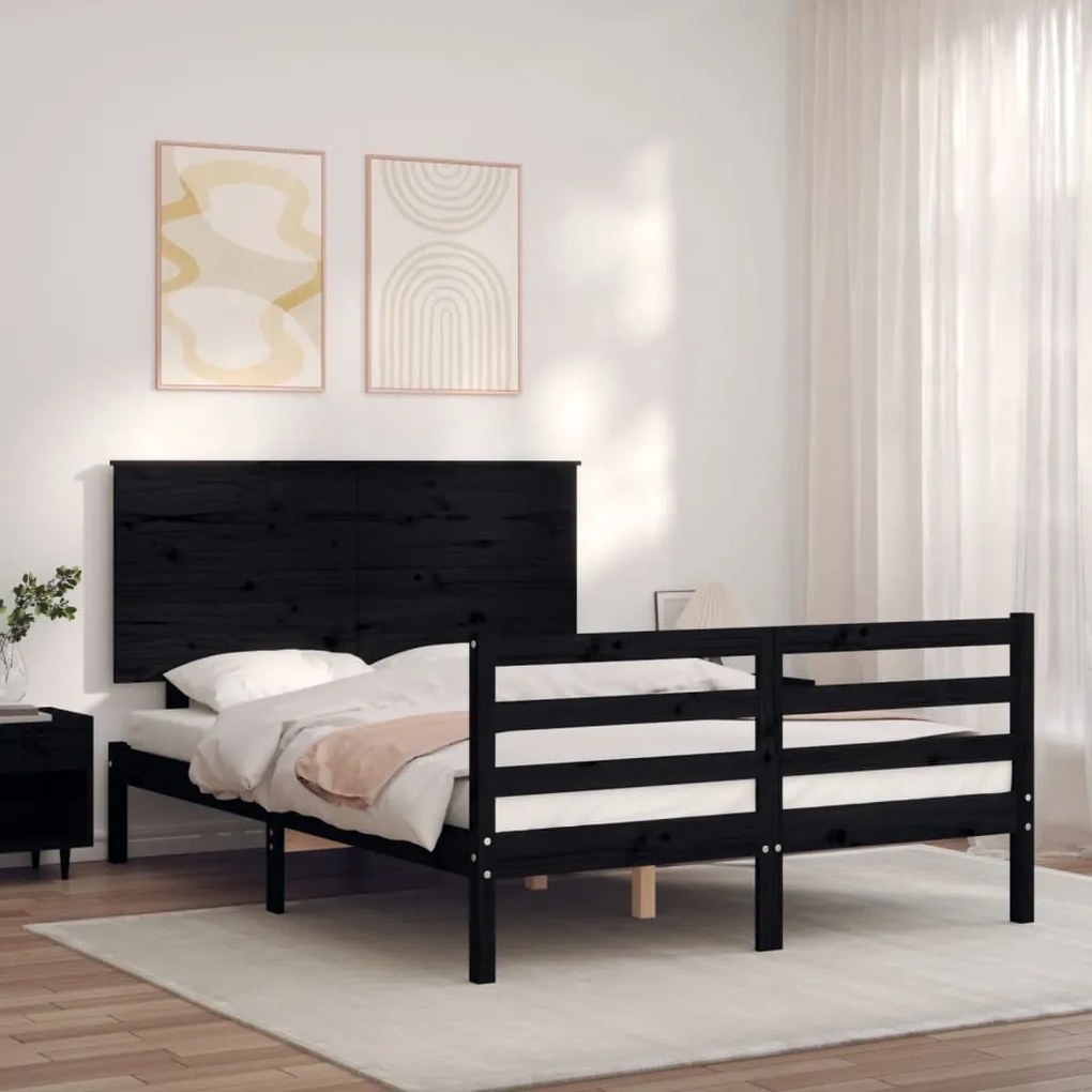 Estrutura de cama de casal c/ cabeceira madeira maciça preto