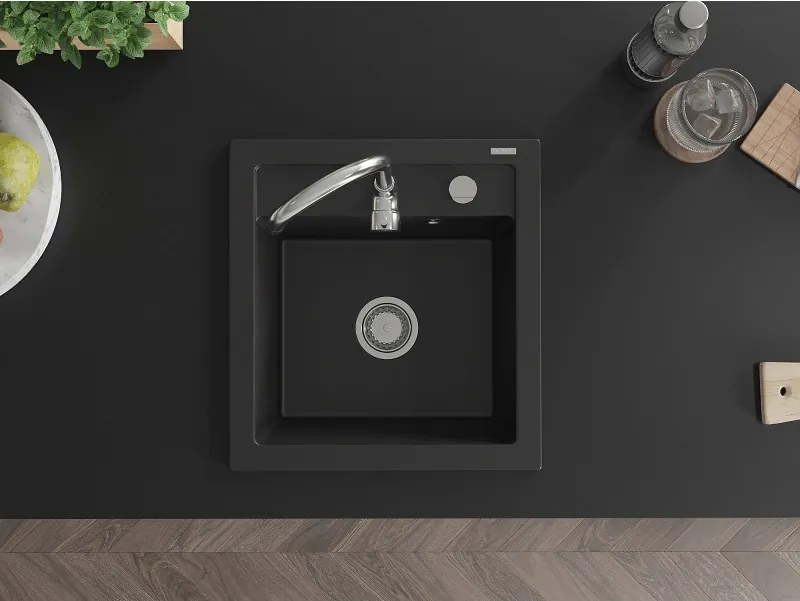Mexen Vito lava-louça de granito com 1 cuba 520 x 490 mm, preto, sifão cromado - 6503521000-77