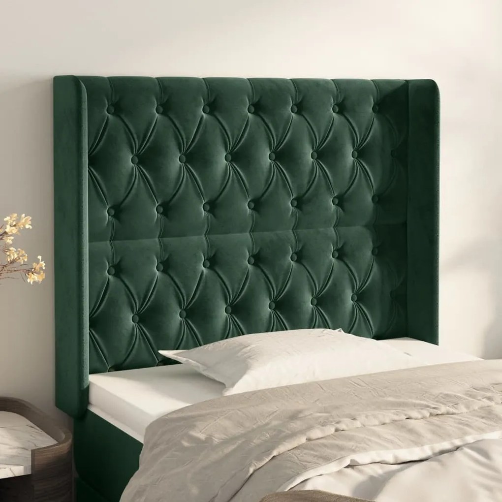vidaXL Cabeceira cama c/ abas veludo 93x16x118/128 cm verde-escuro